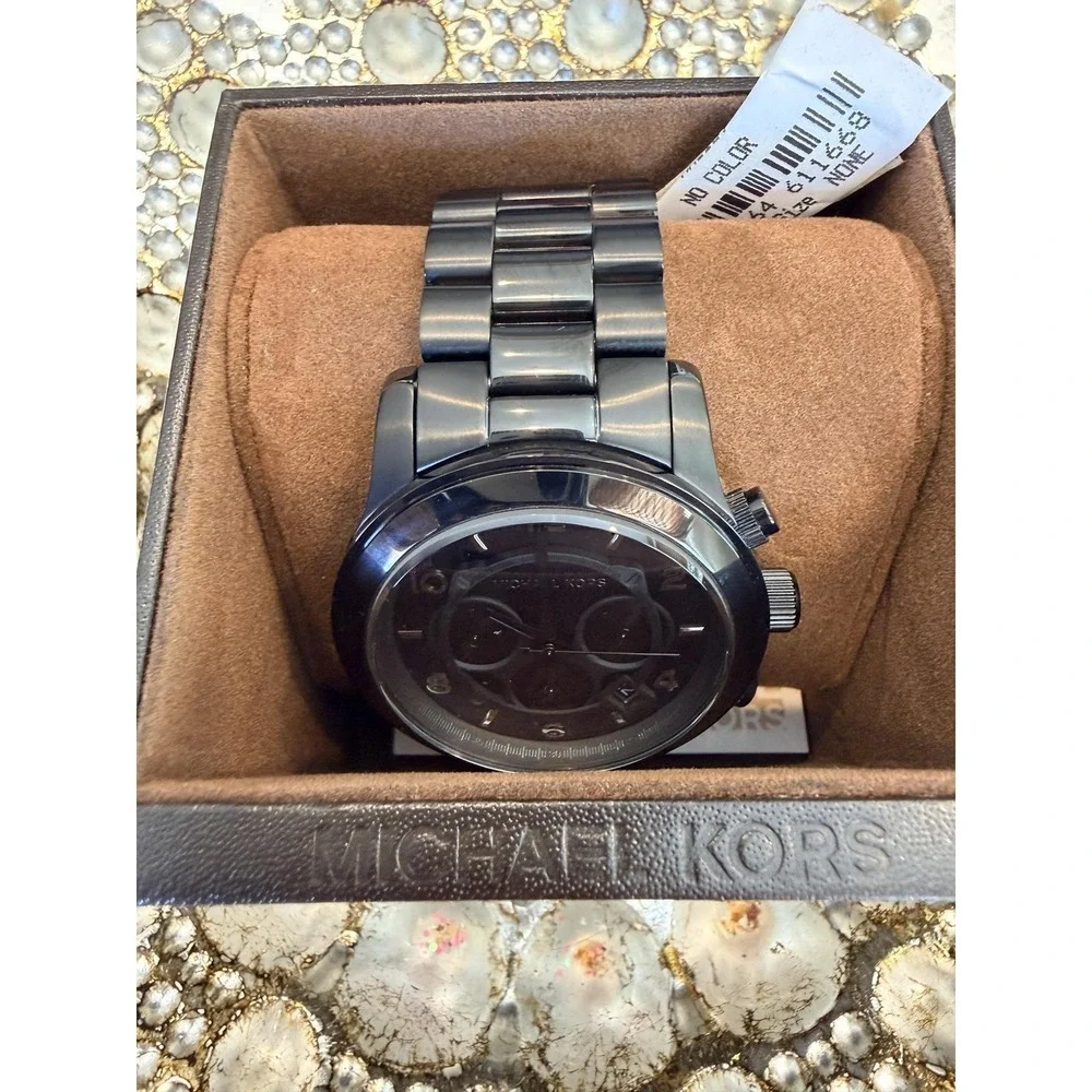 Michael Kors Runway Black Steel Chronograph Black Dial‎ Mens Watch MK8157 w/ Box